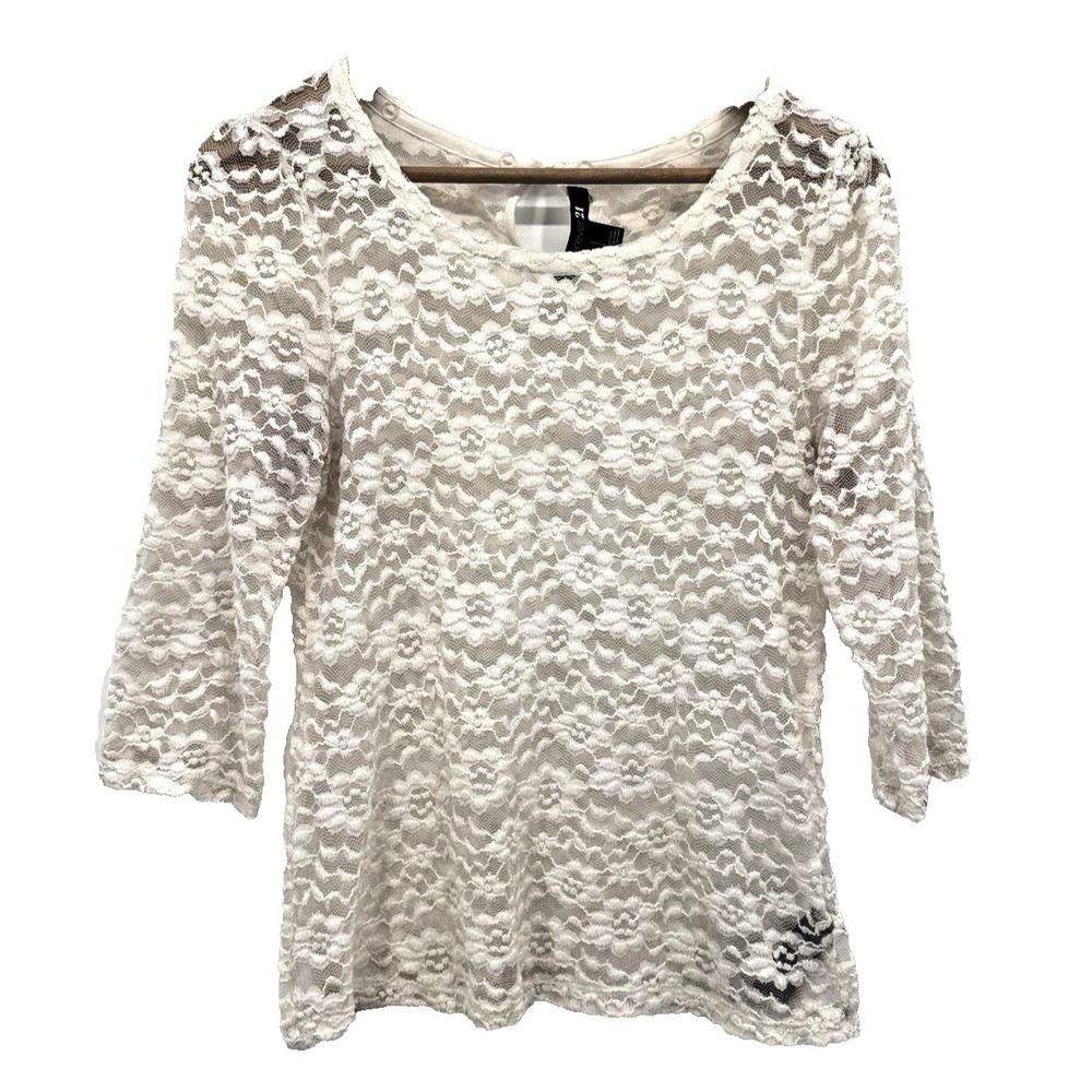 VTG Y2K Forever 21 All Over Lace Mesh Sheer Top Small 3/4 Sleeve Coquette Angel